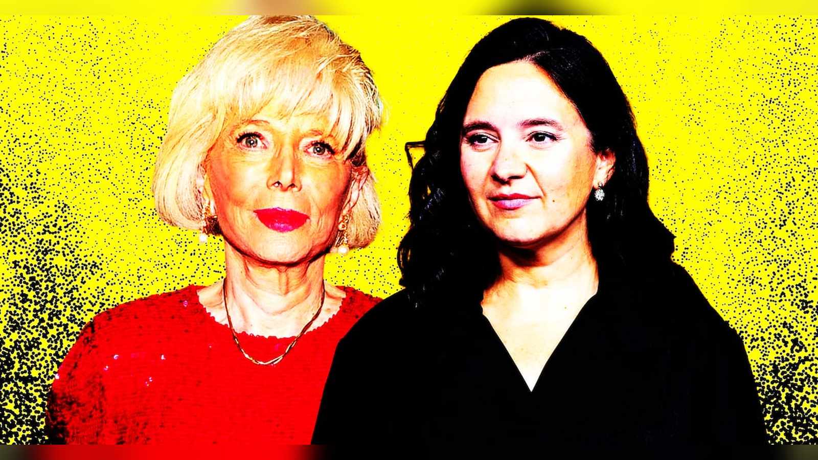 Portrait of Lesley Stahl in a red top and Bari Weiss in a black top against a yellow background