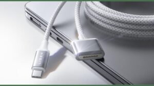 Close-up of a braided Lisen USB-C cable resting on a laptop