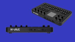 Two views of the black M-Vave FM-1 synthesizer hardware against a blue background