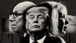 Black and white illustration of Donald Trump and political figures near voting booths with American