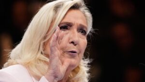French politician Marine Le Pen speaking during her 2027 presidential campaign launch event