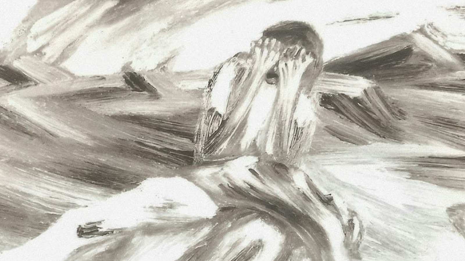 An expressive grayscale painting of a distressed person covering their face amidst turbulent abstrac