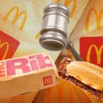 A wooden judge gavel alongside a McDonalds McRib sandwich and its packaging against a branded backgr