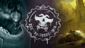 Digital illustration featuring a creepy creature, a central skull gear emblem, and a vehicle in a wa