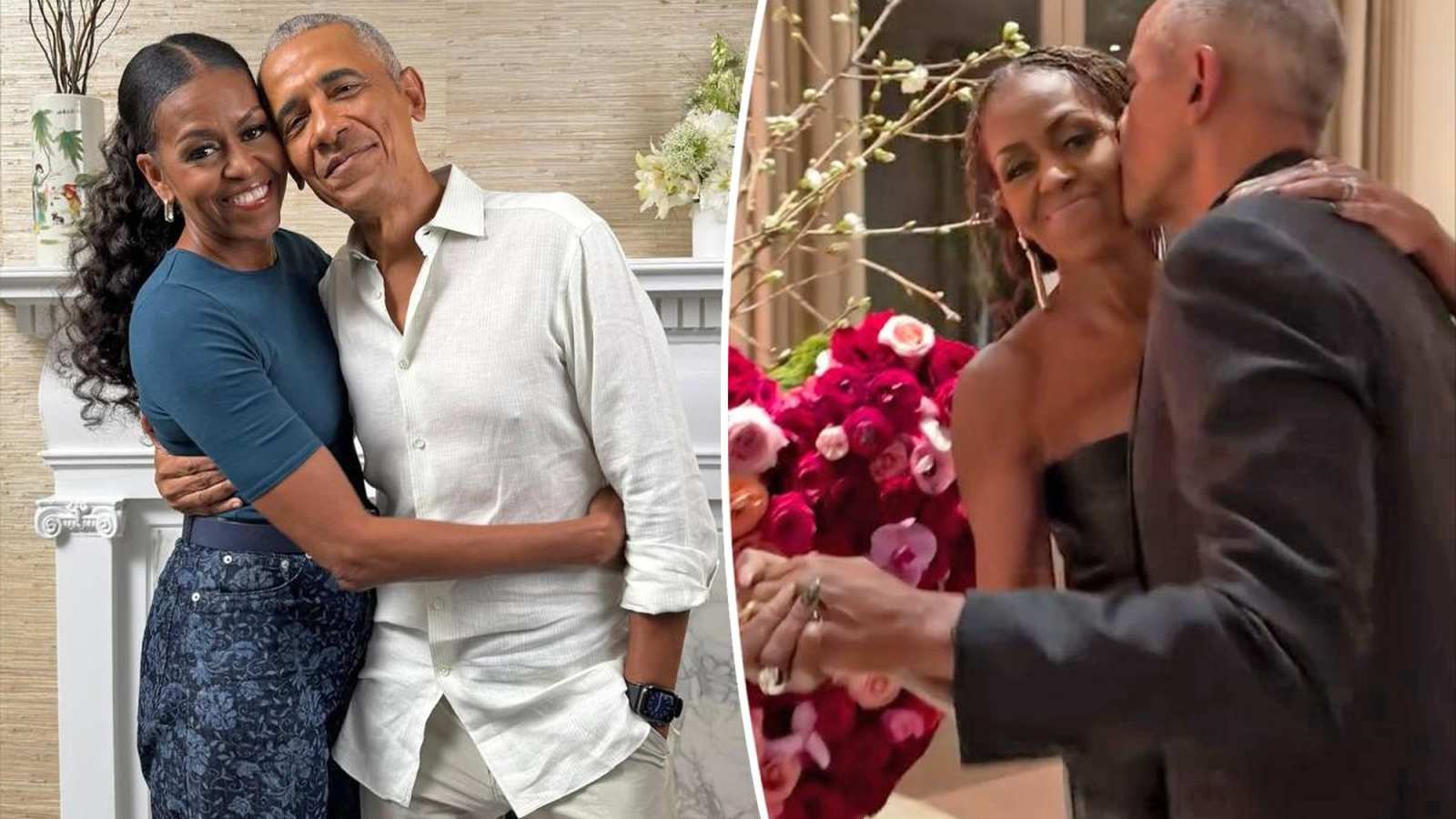 Barack and Michelle Obama posing together for their anniversary celebration photos