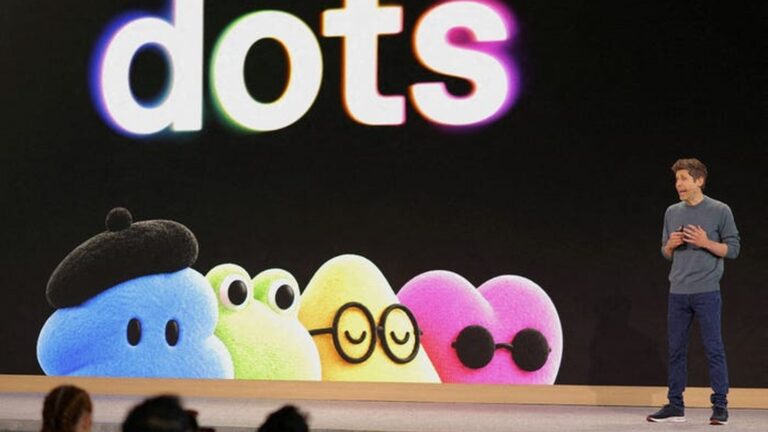 Sam Altman presenting OpenAIs new AI agent Dots on stage in front of a large screen