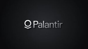 The silver Palantir company logo centered against a dark grey textured background