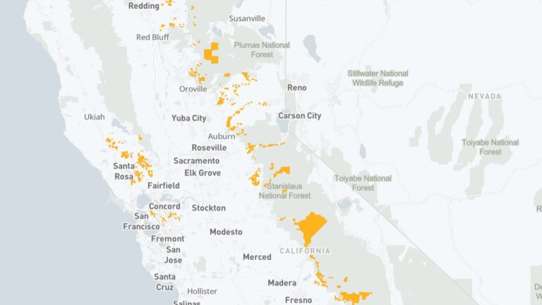 A map of California highlighting areas at risk of power shutoffs due to wildfire conditions