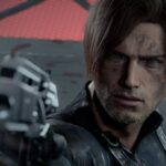 Close up of a male video game character aiming a handgun with a determined expression
