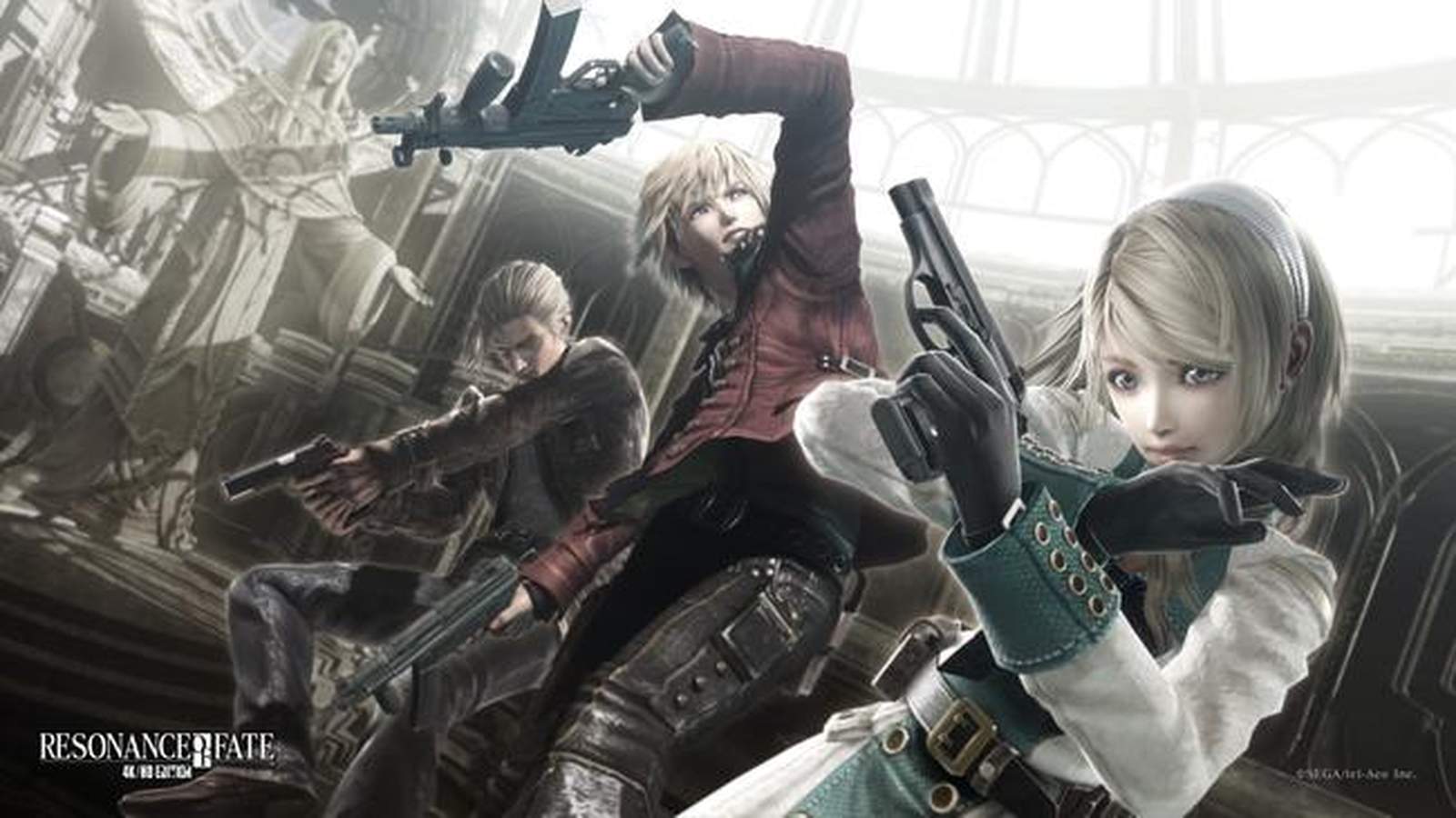 Three main characters holding firearms in an action pose from Resonance of Fate Enhanced Remaster