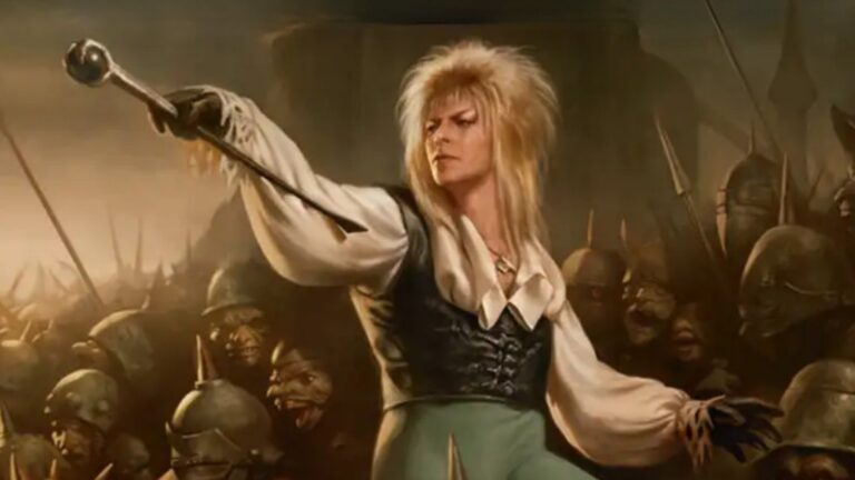 Jareth character from Jim Hensons Labyrinth holding a crystal staff among an army of goblins