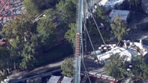 Aerial view showing a roller coaster track and surrounding amusement park terrain