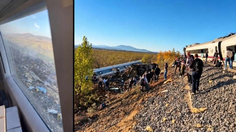Derailed high-speed trains and people standing along the tracks after a collision in Spain