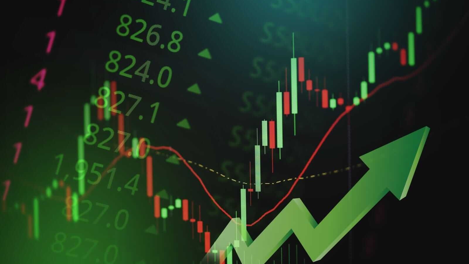 A financial stock market chart displaying green and red candlestick patterns with an upward green ar