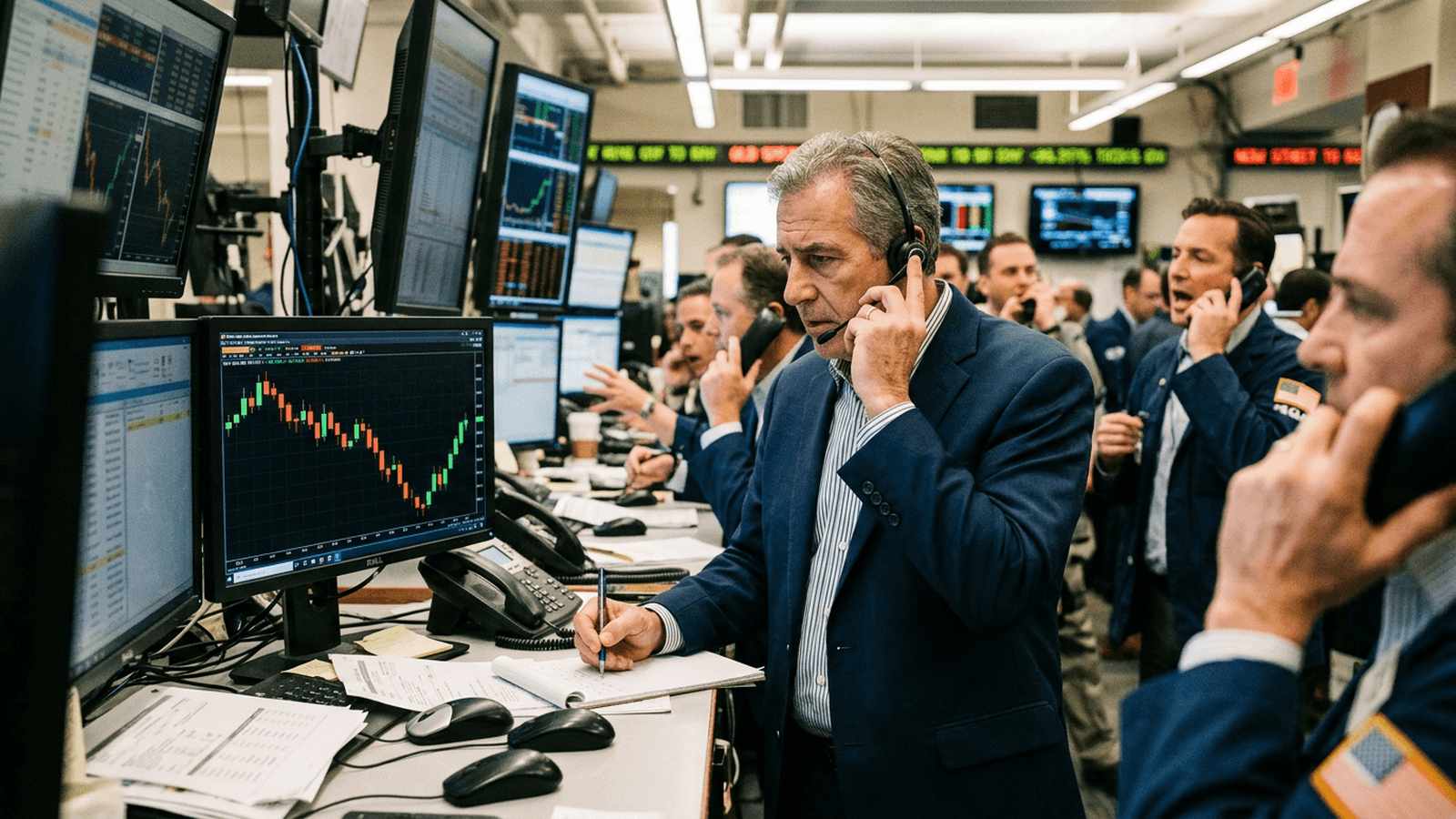 Financial traders working at desks with multiple computer monitors showing stock charts and graphs