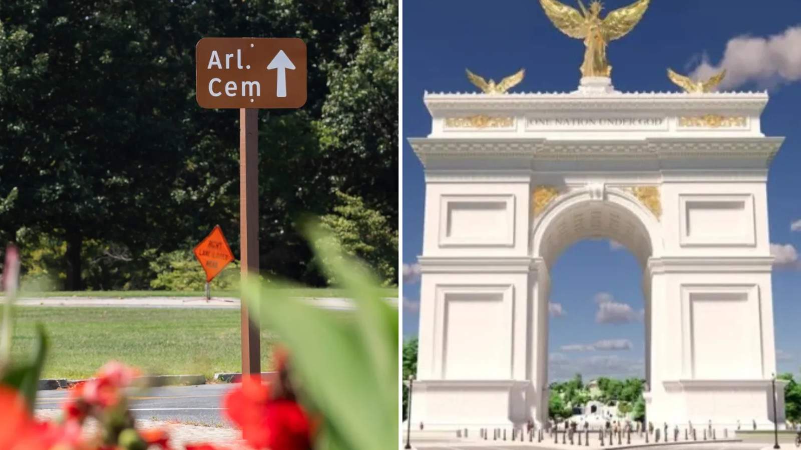 Split image showing an Arlington Cemetery directional sign and a rendering of a large triumphal arch