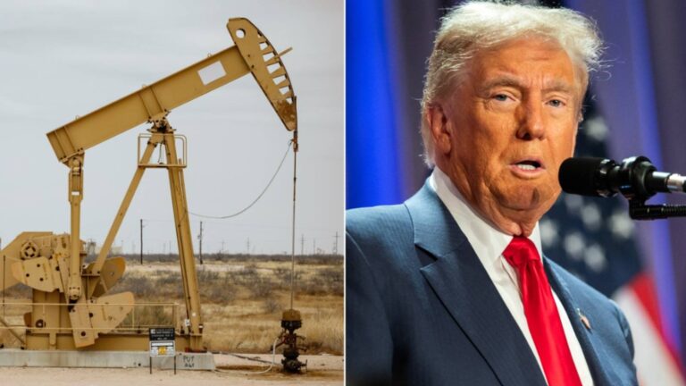 Donald Trump speaking at a podium next to an oil pumpjack in Texas