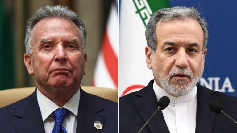 Side by side portraits of US and Iranian officials representing diplomatic talks amid war concerns