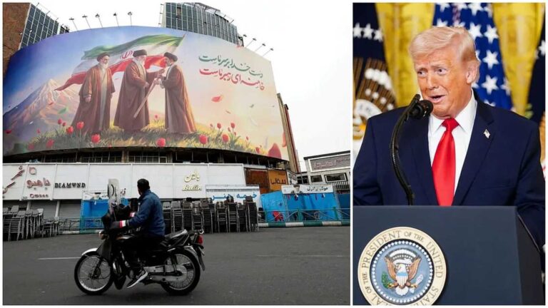 Donald Trump speaking at a podium alongside a street view in Tehran with a large billboard