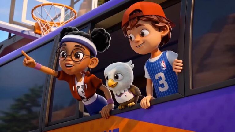 Animated children characters and an eagle mascot looking out of a sports bus window